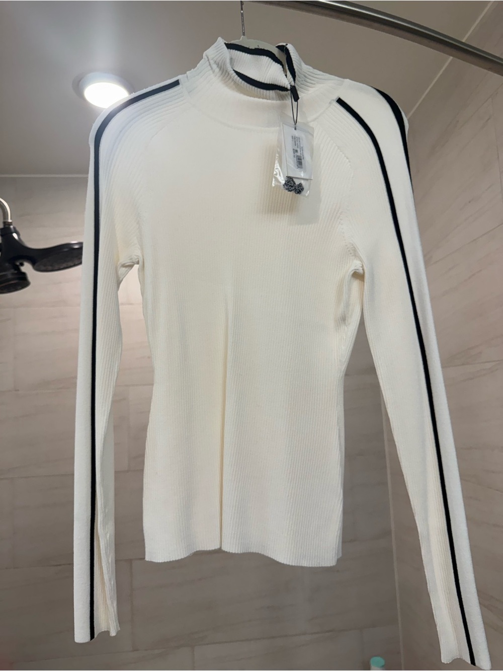 Milly Cream Ribbed Mock Neck Sweater with Black Stripe Detail